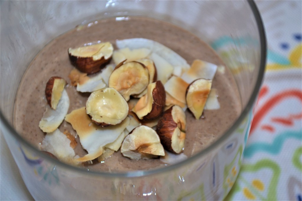 image of chia pudding made with chocolate and roasted hazelnuts